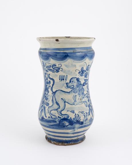 Albarello vase, late C18 Italian blue and white maiolica with