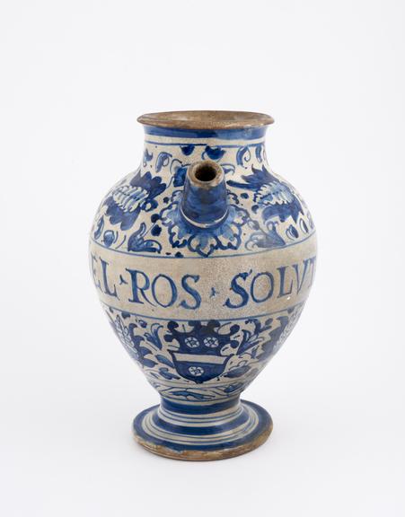 Italian (Faenza ?) syrup jar, c1600. Coat of arms, labelled Mel