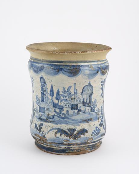 Albarello vase, Italian, C18 blue and white maiolica
