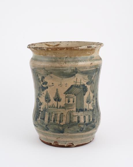 Albarello vase, Italian, 18th century blue and white maiolica