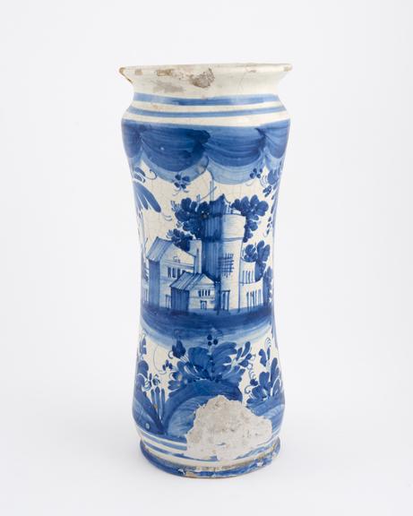 Albarello vase, Italian, C18 blue and white maiolica