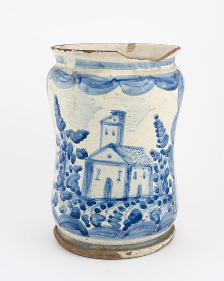 Albarello vase, Italian, 18th century blue and white maiolica