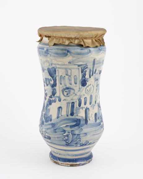 Albarello vase, Italian, C18 blue and white maiolica