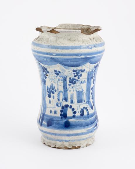 Albarello vase, Italian, 18th century blue and white maiolica