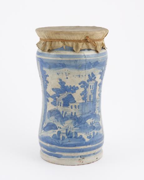 Albarello vase, C18 Italian, blue and white maiolica