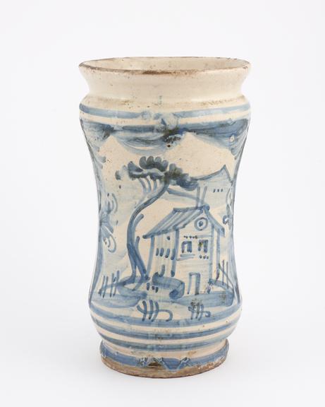 Albarello vase, Italian, 1710-1790, blue and white maiolica