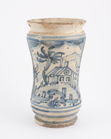 Albarello vase, Italian, 1710-1790, blue and white maiolica