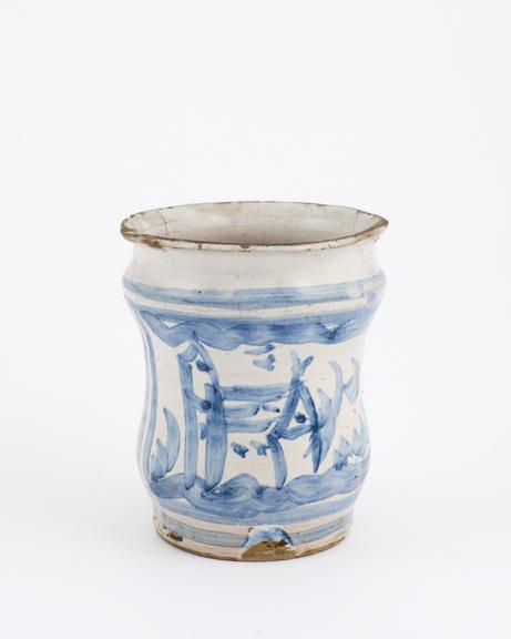 Albarello vase, Italian, 1710-1790, blue and white maiolica