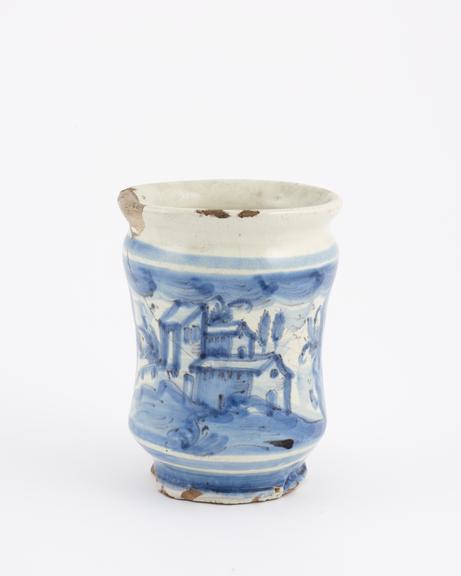 Albarello vase, Italian, 1710-1790, blue and white maiolica