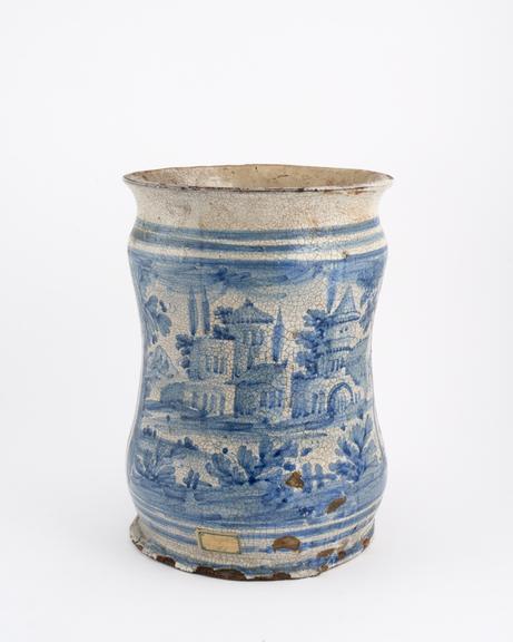 Albarello vase, Italian, C18 blue and white maiolica