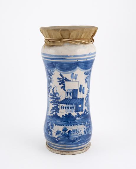 Albarello vase, late C18 blue and white Italian maiolica