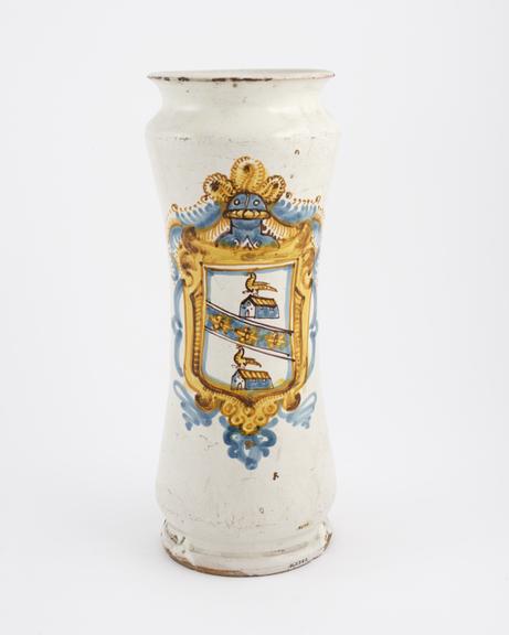 Tin glazed earthenware albarello, with coat of arms, Italian