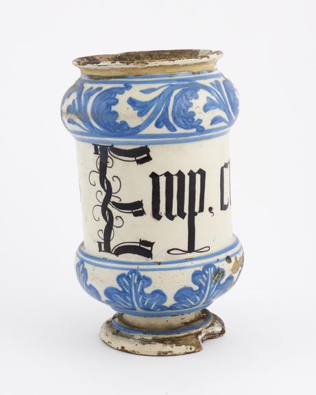 Italian albarello vase, C18 blue and white, perhaps Ligurian