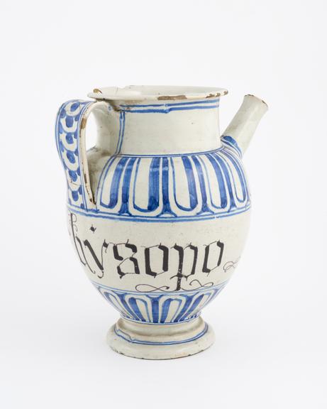 Italian syrup jug, C17 or C18 blue and white, perhaps Ligurian