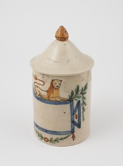 Tin glazed earthenware drug storage jar with lid, Italian