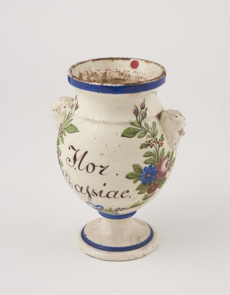 Pharmacy vase, Italian, 1760-1860, polychrome maiolica