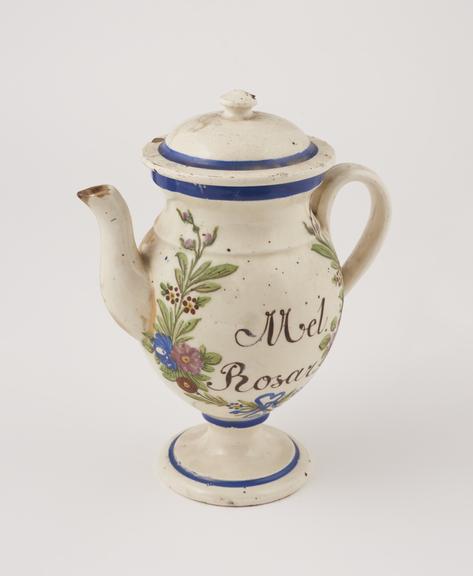 Syrup jug, 1760-1860, Italian, polychrome maiolica