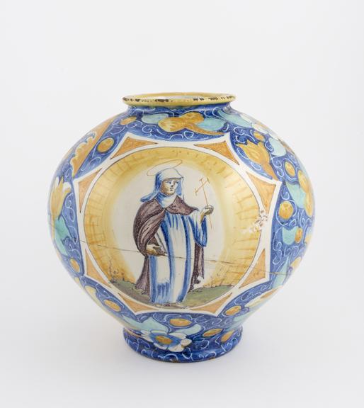 Tin glazed earthenware polychrome globular drug jar