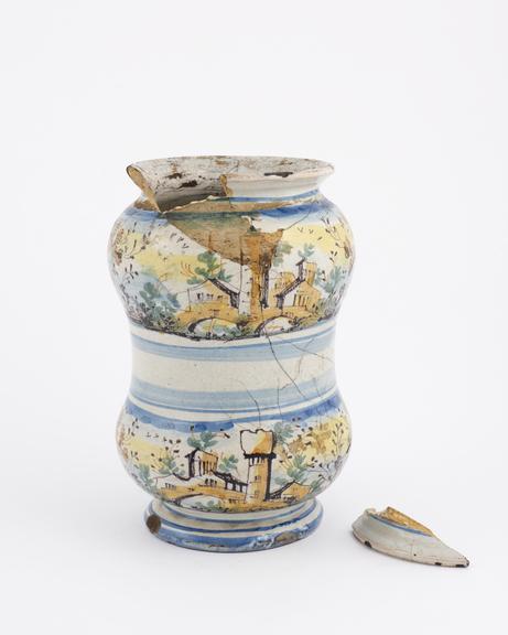 Italian albarello vase, C18 polychrome maiolica, from Savona