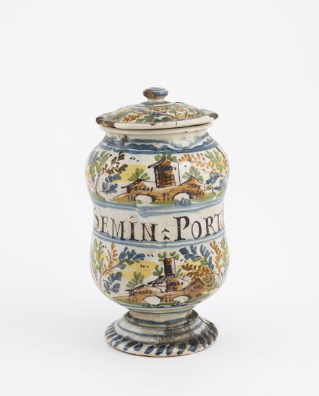 Italian albarello vase, C18 polychrome maiolica, from Savona