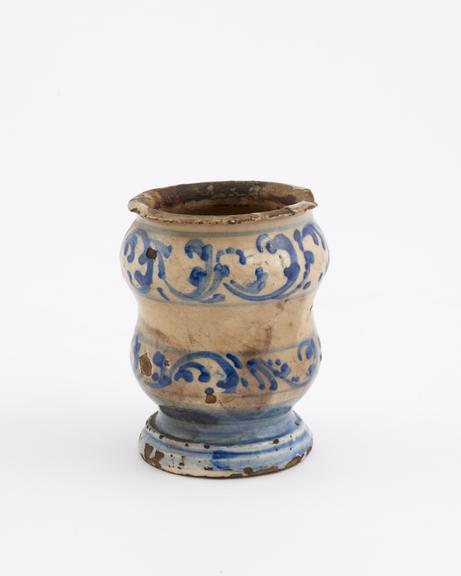 Tin-glazed dispensing pot, albarello shape, 1650-1760