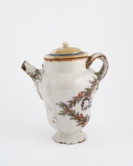 Italian syrup jug, C19 polychrome maiolica, used for kyper oil