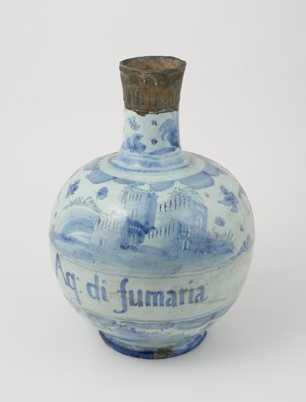 Blue majolica storage vase, used for aqua di fumaria