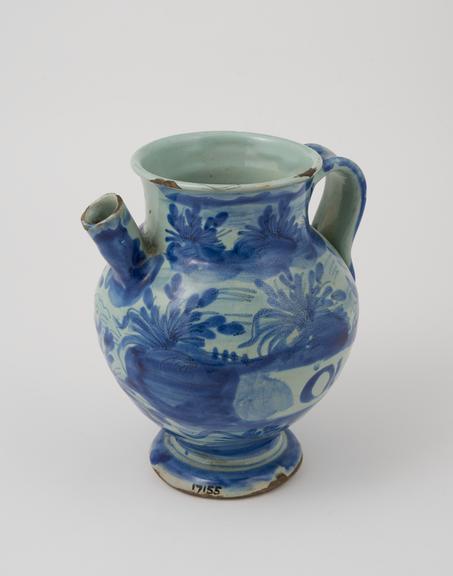 Blue majolica syrup jug, used for violet oil, Italian, 1701-1800