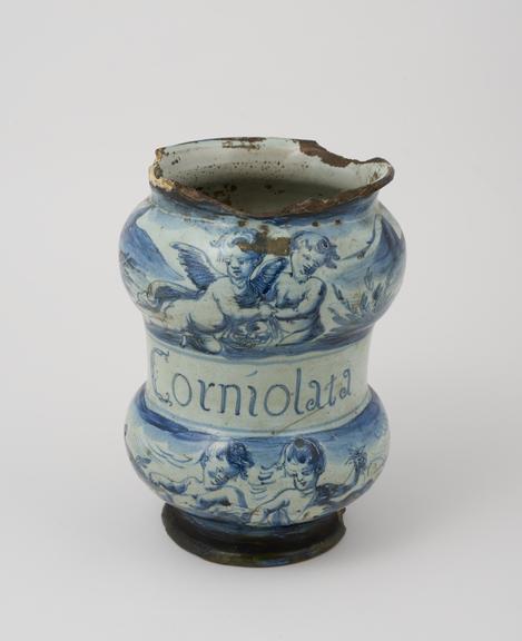 Storage vase, blue majolica, used for corniolata, North Italian