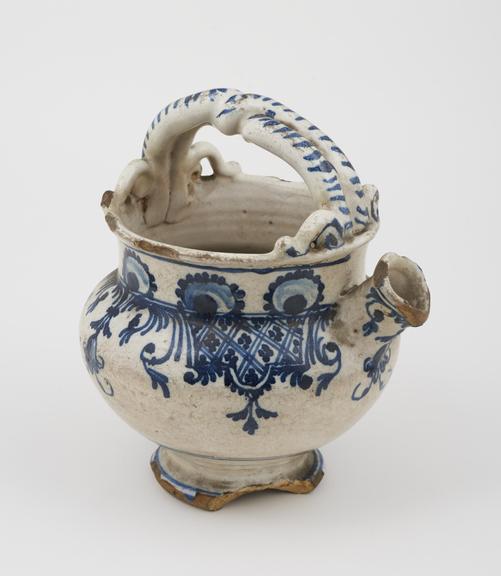 Syrup jar, tin glazed earthenware, possibly Dutch, 1701-1800