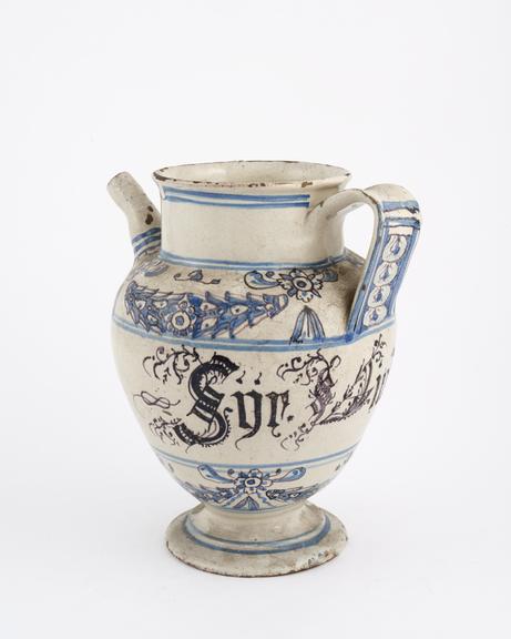 Italian syrup jug, early C18 blue and white from Liguria