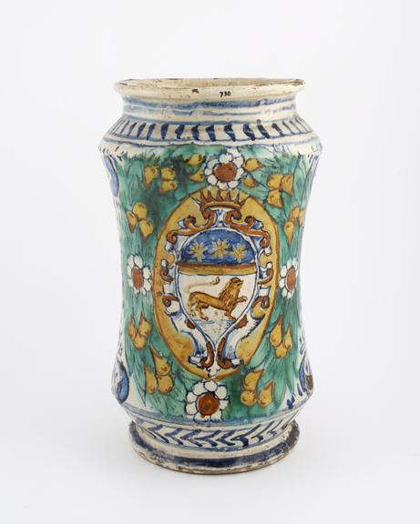 Tin-glazed earthenware albarello, polychrome decoration