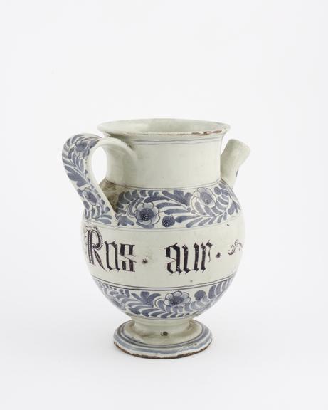 Italian syrup jug, early C18 blue and white from Liguria