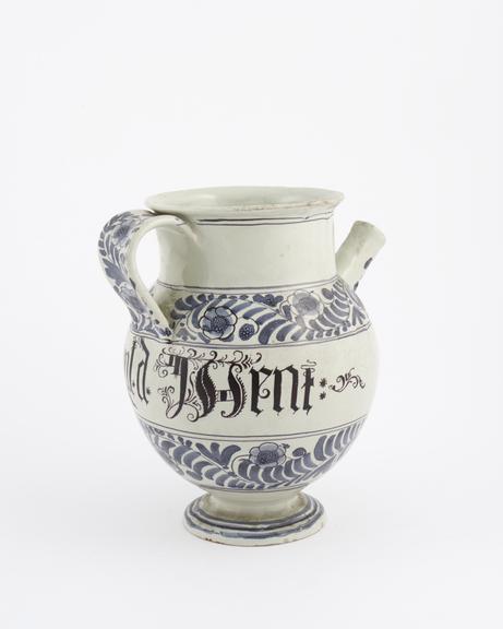 Italian syrup jug, early C18 blue and white from Liguria