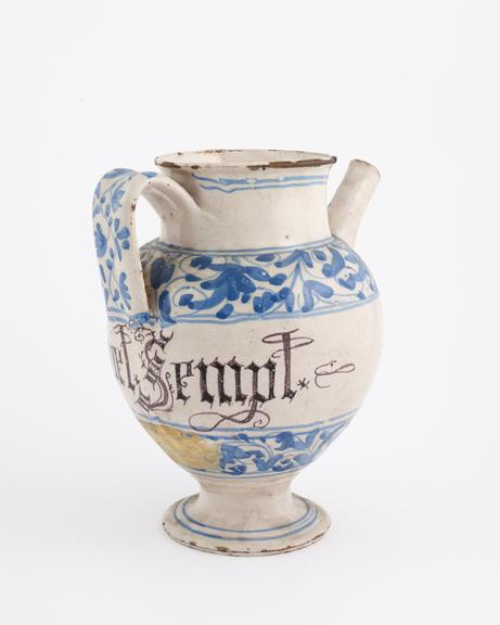 Italian syrup jug, early C17 blue and white from Liguria