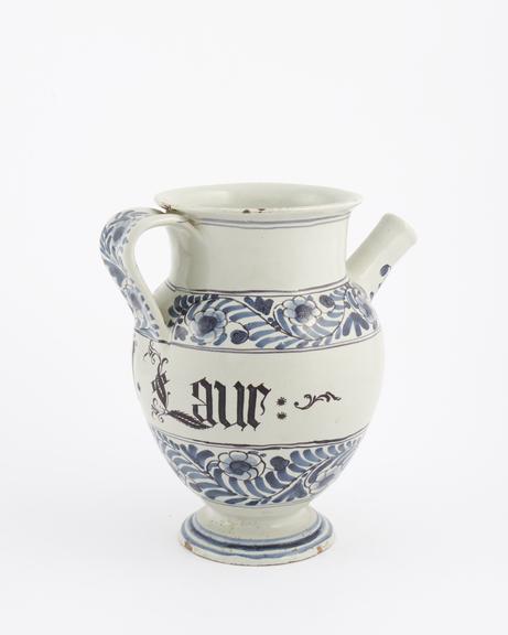 Italian syrup jug, early C18 blue and white from Liguria