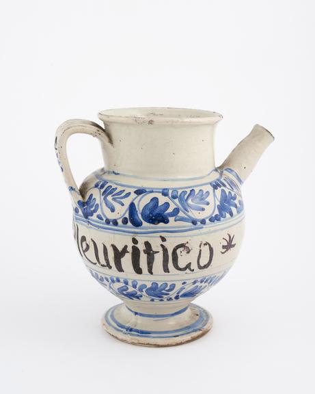 Late C16 Italian blue and white syrup jug, used for pleurisy oil