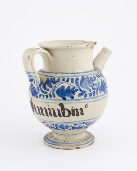 Italian syrup jug, late C16 blue and white from Liguria