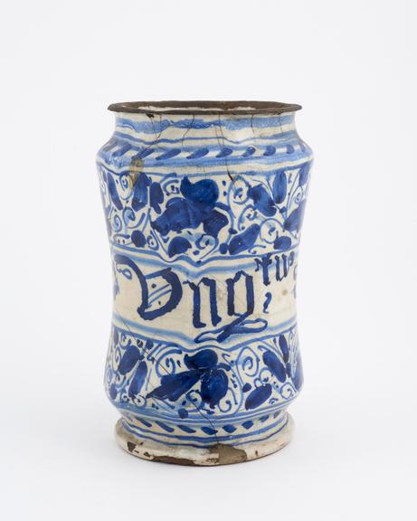 Early C17 Italian blue and white albarello vase from Liguria