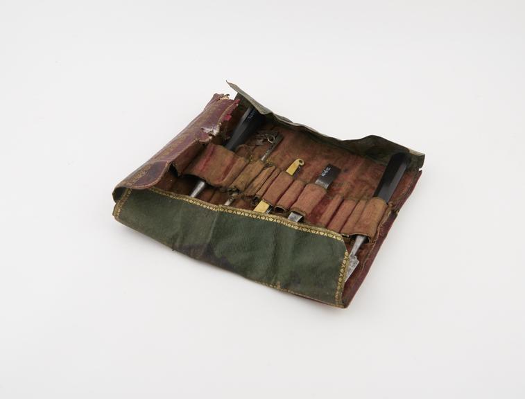 Leather wallet for pocket surgical instrument set, 19th century