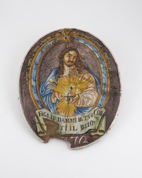 Votive plaque, Italian, 1772, majolica, with portrait of Christ