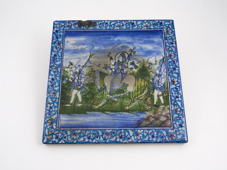 Glazed earthenware tile painted with scene of ritual Persian