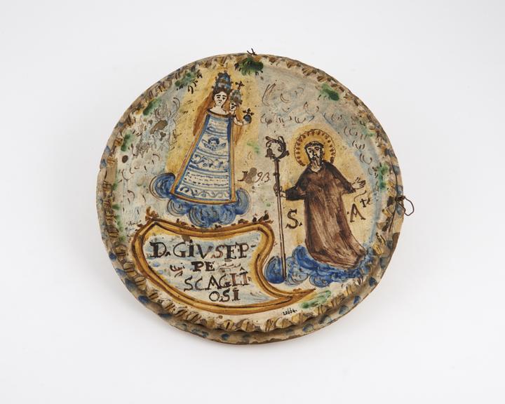 Votive plaque, Italian, 1693, maiolica, to St. Anthony