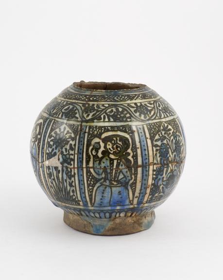 Pottery drug jar, lead glaze with black and blue underglaze