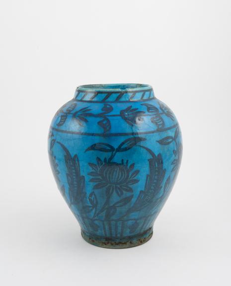 Pottery drug jar, bluish-green, ovoid body, possibly Persian