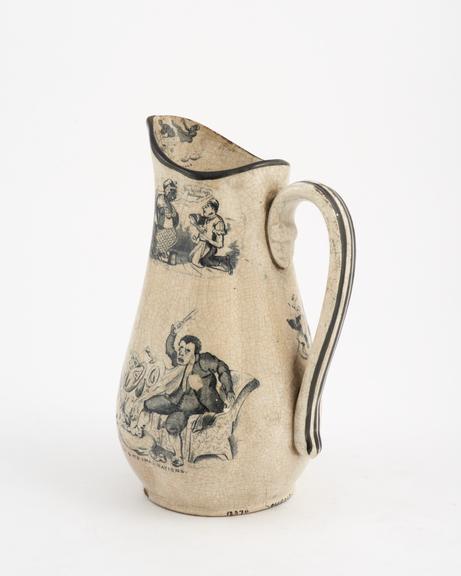 Creamware jug, with dark-blue transfer print scenes