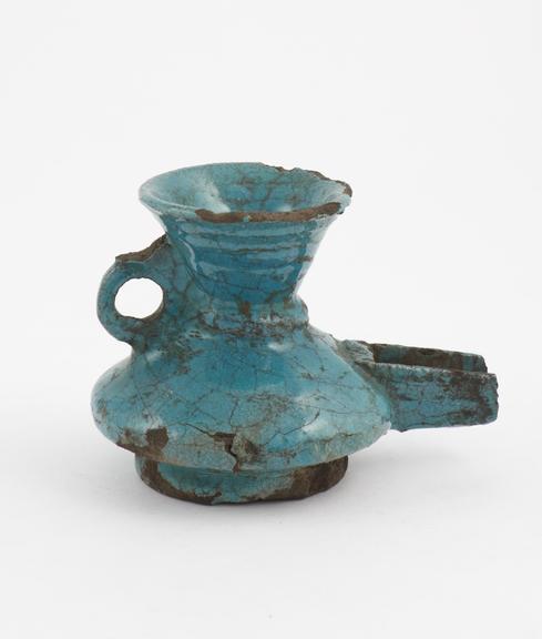 Earthenware vessel, possibly a lamp, with turquoise glaze