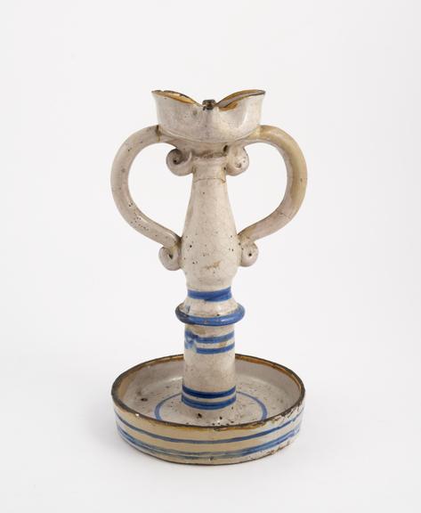 Tall oil lamp, probably Italian, 1600-1800, blue maiolica