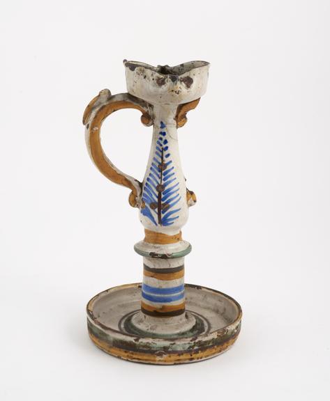 Tall oil lamp, probably Italian, 1600-1800, polychrome maiolica