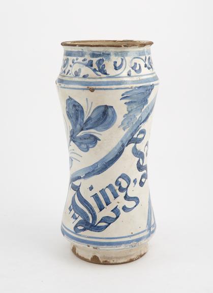 Tin-glazed earthenware albarello, monochrome decoration